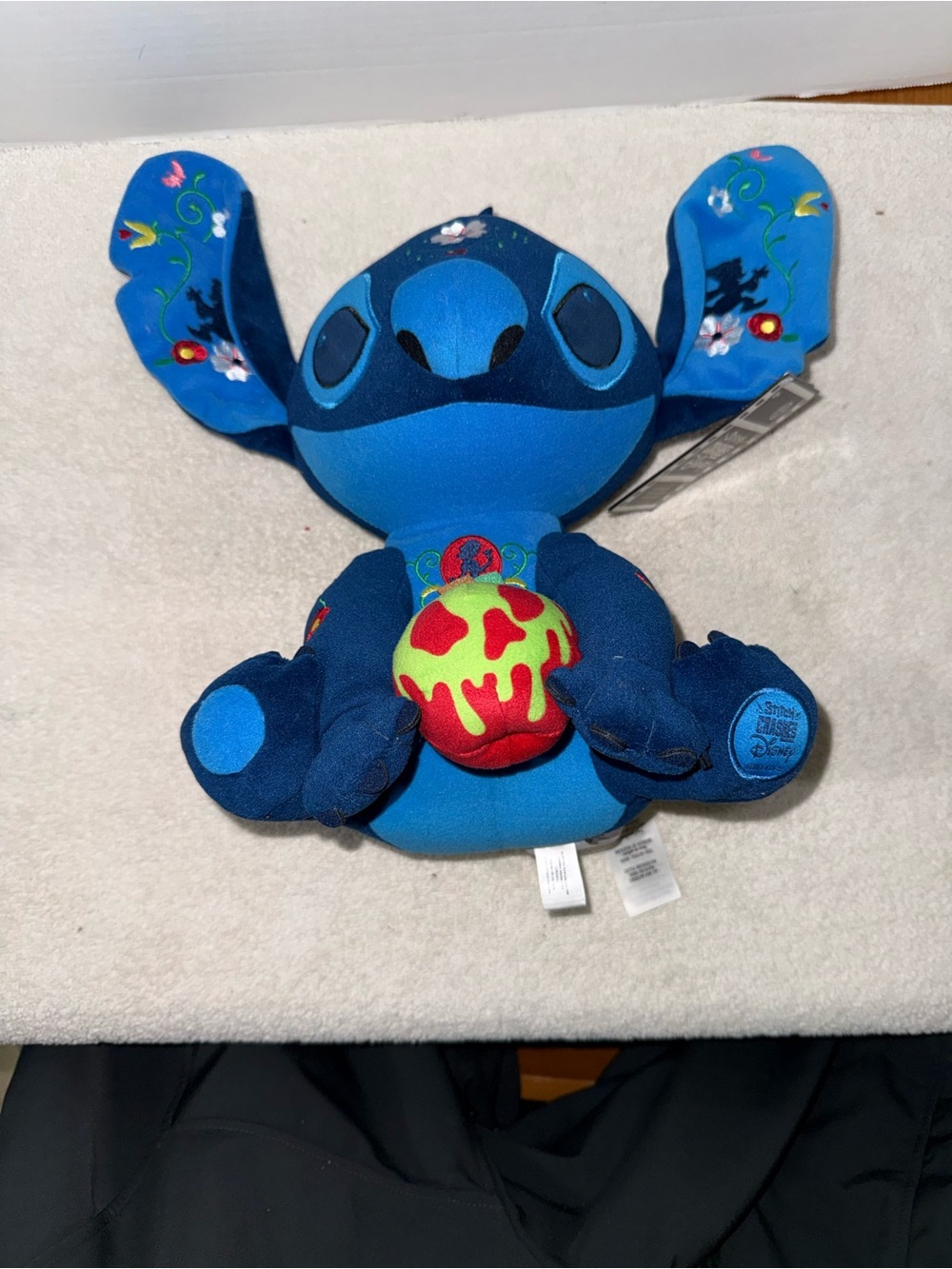 Disney Blue Stitch Plush with Embroidered Floral Ears and Red-Green Apple LR